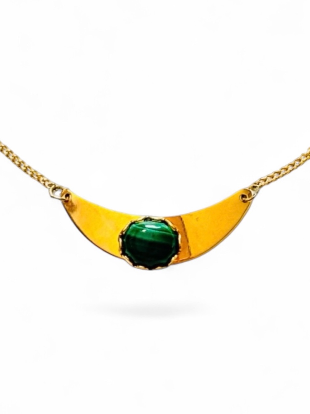 Vintage 1970s Faux Malachite Cabochon Modernist Gold Tone Necklace 15”